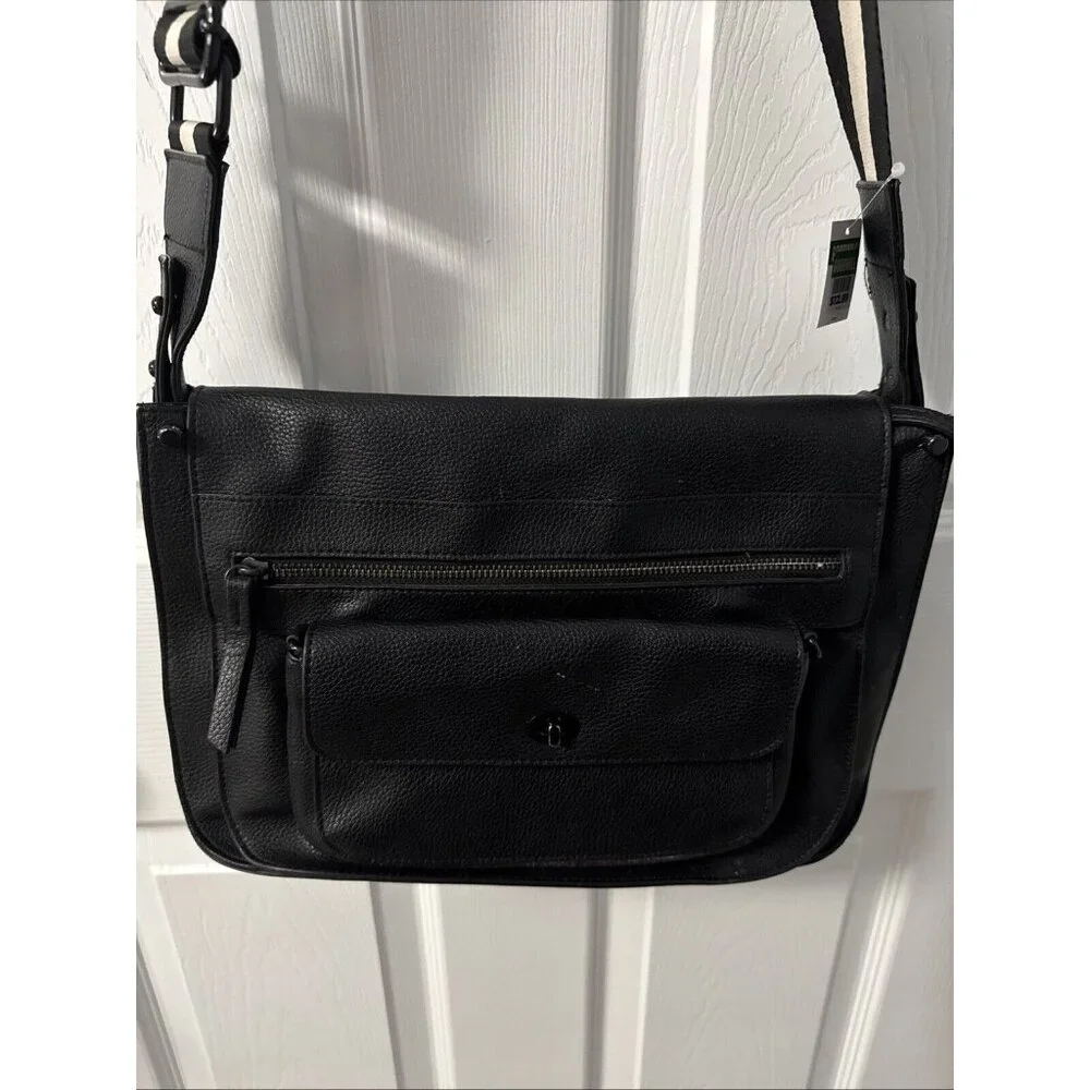 Black Faux Leather Cross body Messenger Bag With Magnetic Front Flap GR72